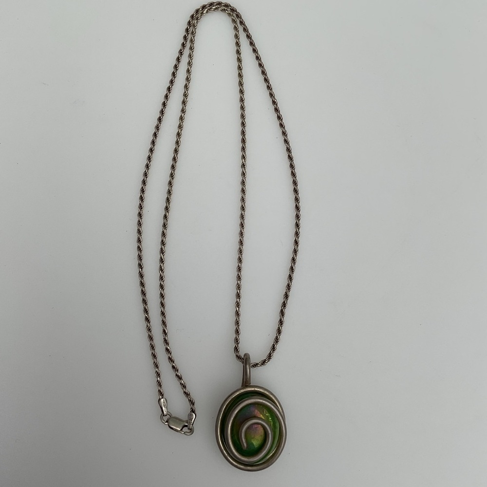 Italian Sterling Silver 925 Green Glass Spiral Pendant Necklace  Made in Italy - Picture 3 of 8
